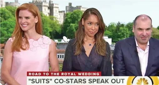  ??  ?? Best backdrop: From left, Sarah Rafferty, Gina Torres and Rick Hoffman broadcast from the rooftop studio yesterday