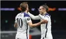  ??  ?? Harry Kane celebrates with Gareth Bale after scoring Tottenham’s second goal in their Europa League last-16 first leg victory over Dinamo Zagreb on Thursday. Photograph: Julian Finney/Getty Images