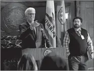  ?? MITCHELL HADDAD/NBC VIA AP ?? Ted Danson as Mayor Neil Bremer, left, and Bobby Moynihan as Jayden Kwapis in a scene from the new comedy “Mr. Mayor.”