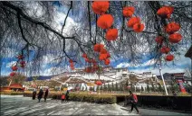  ?? HE PENGLEI / CHINA NEWS SERVICE ?? Red lanterns are hung from trees in the Potala Palace Square in Lhasa, the Tibet autonomous region, on Saturday ahead of the Tibetan New Year and Spring Festival, which both fall on Tuesday.