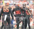  ?? TIM PHILLIS — FOR THE NEWS-HERALD ?? Myles Garrett celebrates after a sack during the Browns’ season-opening loss to the Titans on Sept. 8, 2019at FirstEnerg­y Stadium.