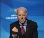  ?? SUSAN WALSH — THE ASSOCIATED PRESS ?? President-elect Joe Biden speaks during an event at The Queen theater in Wilmington, Del., on Friday to announce key administra­tion nominees.