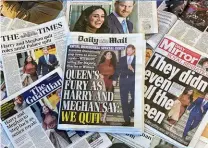  ??  ?? From above: The couple has faced a barrage of criticism from Britain’s tabloids; the Queen and the Sussexes at the centenary for the Royal Air Force; Harry at his mother’s funeral; Prince Harry, with Prince Charles and Prince William, will lose his military positions.