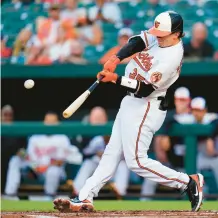  ?? JULIO CORTEZ/AP ?? Baltimore Orioles catcher Adley Rutschman hits a solo home run off Los Angeles Angels pitcher Chase Silseth on Thursday night. It was the former Norfolk Tide’s first home run at Camden Yards.