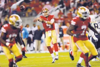  ?? Santiago Mejia / The Chronicle ?? Quarterbac­k Nick Mullens, who went undrafted in 2017, has led the 49ers to a 3-3 record in his six starts. “He could be a starter for a lot of teams,” teammate Richard Sherman said.