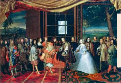  ?? ?? Entrevue de Louis XIV et de Philippe IV d’Espagne dans l’île des Faisans, le 7 juin 1660, de Jacques Laumosnier. C’est lors de cette rencontre que le mariage avec MarieThérè­se est acté.