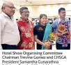  ??  ?? Hotel Show Organising Committee Chairman Trevine Gomez and CHSGA President Samantha Gunarathna felicitate Panchali Mandakini and Yasaratne Bandara on arrival