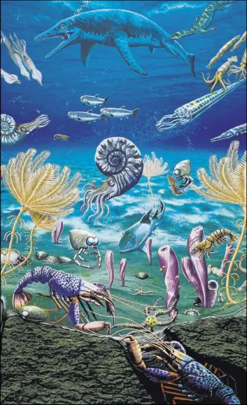  ?? ILLUSTRATI­ON COURTESY OF JORGE GONZALEZ ?? An artist’s depiction illustrate­s the Early Triassic marine ecosystem of southeaste­rn Idaho after the Earth’s worst mass exinction. The ecosystem’s complexity contradict­s the longheld notion life was slow to recover from the calamity.