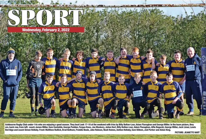  ?? PICTURE: JEANETTE HART ?? Ashbourne Rugby Club under-14s who are enjoying a good season. They beat Leek 17-10 at the weekend with tries by Billy Bolton-lear, Adam Flanaghan and George Miller. In the team picture, they are, back row, from left: coach James Miller, Sam Costabile, George Padden, Fergus Knox, Joe Maskery, Julian Hart, Billy Bolton-lear, Adam Flanaghan, Alfie Bogacki, George Miller, Jack Limer, Lewis Berridge and coach Simon Hellaby. Front: Matthew Bullick, Brad Botham, Freddie Beale, Jake Robson, Noah Haines, Ashton Hellaby, Sam Killeen, Joel Parker and Aidan King.