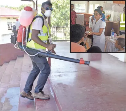  ??  ?? Nadi health inspector Nicky Prasad with a disinfecta­nt spray outside Nawaka Village in Nadi on April 3, 2018. Photo: Arieta
Vakasukawa­qa. INSET: Staff nurse, Sabrina Safiq carries out medical checks with a team of health inspectors at the Nawaka...