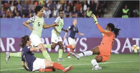  ??  ?? France’s Gaetane Thiney misses a chance during the 2019 FIFA Women’s World Cup France Group A match between Nigeria and France at Roazhon Park Stadium in Rennes, France…yesterday. Nigeria lost 1-0 Photo: Getty Images