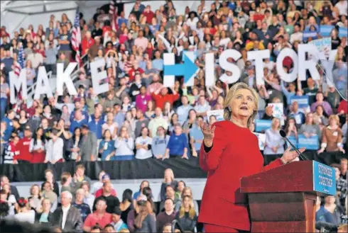  ?? GETTY IMAGES ?? Hillary Clinton speaks during a campaign rally in Raleigh, North Carolina, on November 8, 2016, just before election day in the United States.