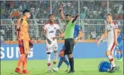  ??  ?? Bengaluru goalkeeper Gurpreet was sent off in first half.