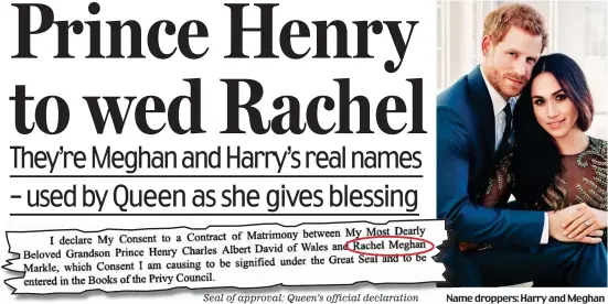  ??  ?? Seal of approval: Queen’s official declaratio­n Name droppers: Harry and Meghan