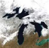  ?? NOAA GLERL/NOAA GREAT LAKES COASTWATCH NODE ?? This MODIS satellite image from Feb. 12 shows belowavera­ge ice cover for this time of year on the Great Lakes.