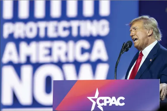  ?? ALEX BRANDON — THE ASSOCIATED PRESS ?? Former President Donald Trump speaks at the Conservati­ve Political Action Conference, CPAC 2023, Saturday at National Harbor in Oxon Hill, Md., where he bested Florida Gov. Ron DeSantis by 40 points in the straw poll.