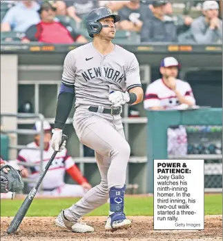  ?? Getty Images ?? POWER & PATIENCE: Joey Gallo watches his ninth-inning homer. In the third inning, his two-out walk started a threerun rally.