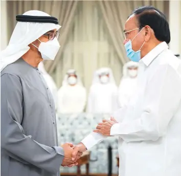  ?? Reuters ?? Shaikh Mohammad Bin Zayed with India’s VicePresid­ent Venkaiah Naidu.