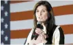  ?? AFP-Yonhap ?? Republican presidenti­al candidate Nikki Haley speaks during a campaign rally in Troy, Mich., Sunday.