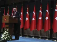  ?? BURHAN OZBILICI — THE ASSOCIATED PRESS FILE ?? Turkey’s President Recep Tayyip Erdogan speaks after he signed a decision confirming the election date, in Ankara, Turkey, Friday, March 10, 2023. Turkish President Recep Tayyip Erdogan says Russia has agreed to extend a deal that has allowed Ukraine to ship grain through the Black Sea to parts of the world struggling with hunger. Erdogan said Wednesday that the deal would be extended for two months.