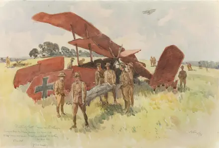  ??  ?? ■ Henry A. Fulwood, Death of Baron von Richthofen by Henry A Fulwood in watercolou­r with pencil and charcoal, 1918. (AWM ART02495.)
