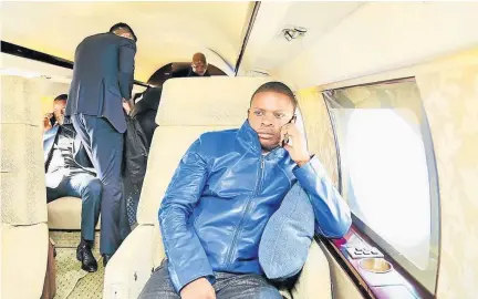  ??  ?? Prophet Shepherd Bushiri in his private jet. Bushiri has reportedly opened a case of extortion against cops who wanted R10m from him to make his allegedly concocted cases disappear.