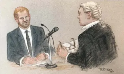  ?? ?? A courtroom sketch of Prince Harry being quizzed on Tuesday. Photograph: Julia Quenzler/Reuters