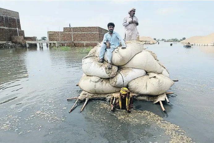  ?? Fareed Khan / AP ?? Les inundacion­s obliguen a fer servir barcasses improvisad­es per transporta­r fenc per al bestiar a Jaffarabad (Balutxista­n, Pakistan) el 5 de setembre del 2022