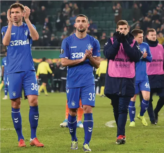  ??  ?? the travelling Rangers support after the Light Blues were finally eliminated from the Europa League last night