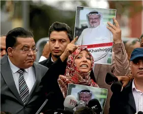  ??  ?? Tawakkol Karman, the Nobel Peace Prize laureate for 2011, gestures as she talks to members of the media about the disappeara­nce of Saudi writer Jamal Khashoggi, near the Saudi Arabia consulate in Istanbul, on Monday.