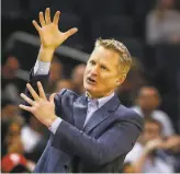  ?? Nell Redmond / Associated Press 2019 ?? Steve Kerr is the template of a West Coast coach: He encourages his players to play with joy and has a flipflop kind of beach vibe.