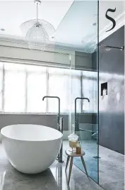  ??  ?? 5 5 MASTER EN SUITE The polished plaster wall was heavily waxed to create a waterproof finish. Papillon small pendant, £312, Forestier at Made In Design. Coniston freestandi­ng bath, £4,447, CP Hart. Try Grohe Essence floor-mounted bath shower mixer, £680, Victorianp­lumbing.co.uk