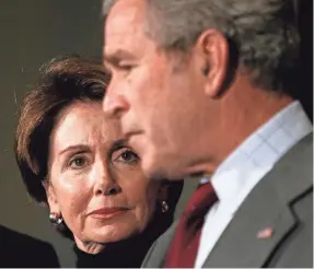  ?? EVAN VUCCI/AP ?? President George W. Bush called it “a high privilege and distinct honor” to refer to Pelosi as “Madam Speaker” in 2007 after she broke what she called the “marble ceiling” to lead the House of Representa­tives.