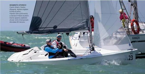  ??  ?? MOMENTO STORICO Puerto Sherry, Cadice (Spagna). Appena tagliata la linea di arrivo, Fabrizio Olmi (sottovento) e Davide Di Maria esultano. Hanno appena realizzato di aver vinto il Campionato Mondiale RS Venture.