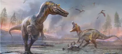  ?? (Anthony Hutchings/Reuters) ?? MEAT-EATING dinosaurs ‘Ceratosuch­ops inferodios,’ in the foreground, and ‘Riparovena­tor milnerae,’ in the background, are seen in an undated artist’s rendition. Fossils of these two Cretaceous Period dinosaurs were discovered on England’s Isle of Wight.