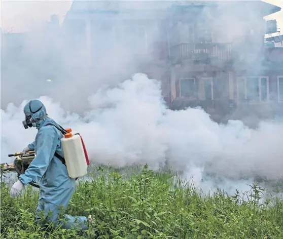  ?? ?? An pest control worker sprays insecticid­e to kill mosquitoes and prevent an outbreak of dengue fever in Kathmandu, Nepal. Now the disease is spreading globally.