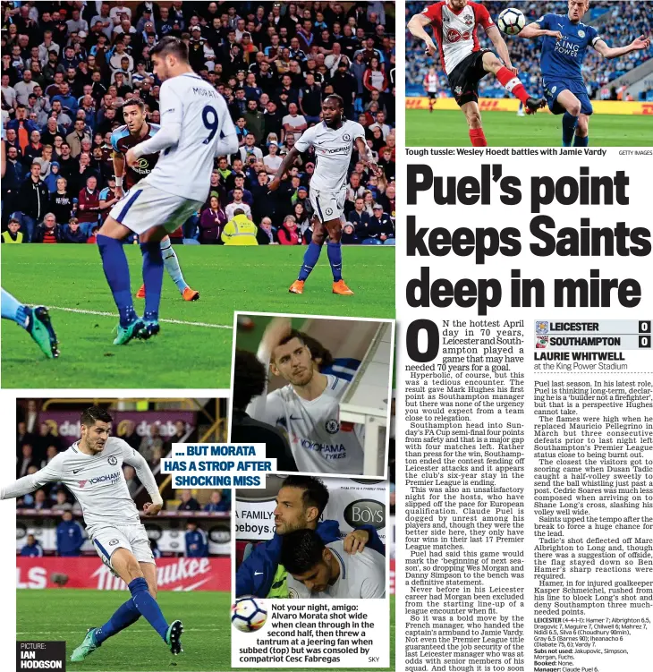  ?? SKY ?? Not your night, amigo: Alvaro Morata shot wide when clean through in the second half, then threw a tantrum at a jeering fan when subbed (top) but was consoled by compatriot Cesc Fabregas