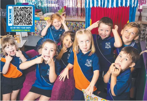  ?? Picture: Kevin Farmer ?? EXCLUSIVE PICS: Clifton State School Prep students (from left) Ingrid, Piper, Alisia, Isabella, Ella, Dane, Troy and Harrison. This funny faces snap is one of the many photos only on our website.