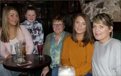  ??  ?? Michelle Kinsella, Sarah Stenning, Mag Kinsella, Shannon Kinsella and Josephine Kinsella out for a drink and a bite to eat in The Porter House in Castlebrid­ge on Good Friday.