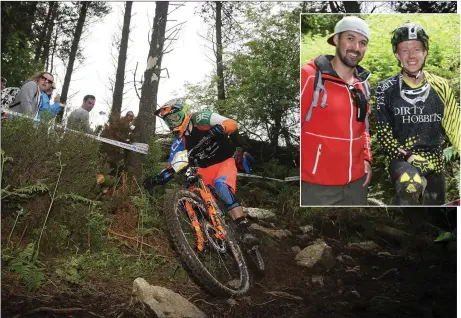  ??  ?? Irish rider Greg Callaghan takes to Carrick Mountain for the Emerald Enduro; (inset) Barry Moore and Roundwood rider Kyle Lawson.