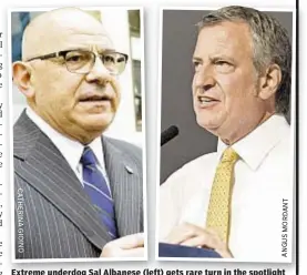  ??  ?? Extreme underdog Sal Albanese (left) gets rare turn in the spotlight in Wednesday’s Democratic debate against Mayor de Blasio (right).