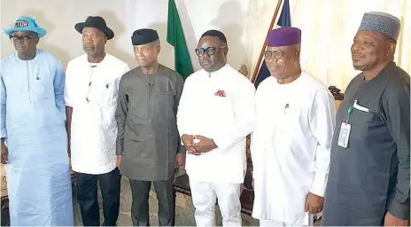  ?? PHOTO: NAN ?? Former Senate Leader, Victor Ndoma- Egba ( left); erstwhile Managing Director, Niger Delta Developmen­t Commission, Nsima Ekere; Vice President Yemi Osinbajo; Cross River State Governor Ben Ayade; his deputy, Ivara Esu and Minister of State for Power, Jeddy Agba, during Osinbajo’s consultati­ve visit to Calabar… yesterday.