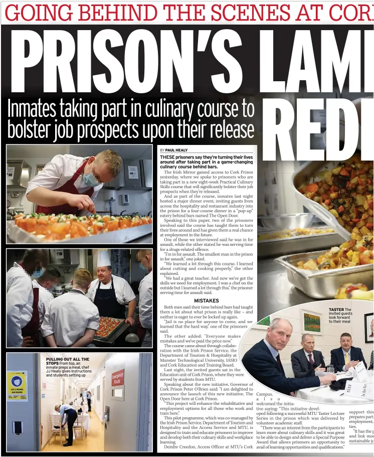  ?? ?? PULLING OUT ALL THE STOPS From top, an inmate preps a meal, chef JJ Healy gives instructio­ns and students setting up
TASTER The invited guests look forward to their meal