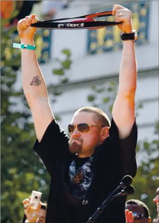  ?? STAFF FILE PHOTO ?? Aubrey Huff, shown here with his rally thong at the 2010 World Series parade, hit three home runs in a game on this day in 2011, but his popularity with the Giants and their fans has plummeted.