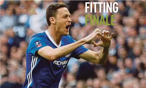  ??  ?? Nemanja Matic celebrates scoring the stunner against Tottenham in the FA Cup semi-final at Wembley on April 22.