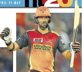  ?? BCCI ?? Yuvraj Singh of Sunrisers Hyderabad celebrates his fifty during the opening match of the IPL against RCB on Wednesday.