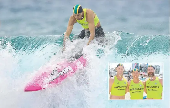  ?? Pictures: HARVPIX ?? Burleigh Heads’ Phil Clayton navigates the surf, helping the 110+ years Taplin team (inset) of Wes Berg, himself and Zane Holmes to success.