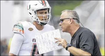  ?? CHUCK BURTON / AP ?? Miami coach Mark Richt, along with his quarterbac­k Brad Kaaya, returns this weekend to Atlanta, where he’s never lost to Georgia Tech — and can be expected to keep that streak going.