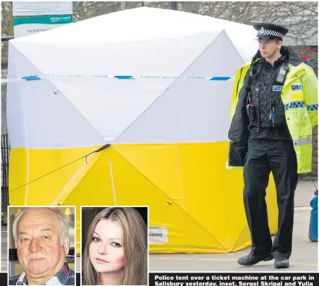  ??  ?? Police tent over a ticket machine at the car park in Salisbury yesterday. inset, Sergei Skripal and Yulia