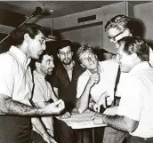  ?? Archive Photos / Getty Images file photo ?? The Four Seasons, circa 1966. From left: Joe Long, Frankie Valli, Bob Gaudio, producer Bob Crewe, conductor Arnie Shroeck and Tommy DeVito.